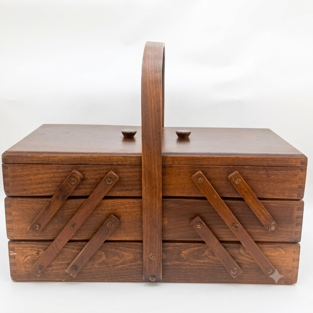 Vintage Accordian Sewing Craft Supplies Wood Storage