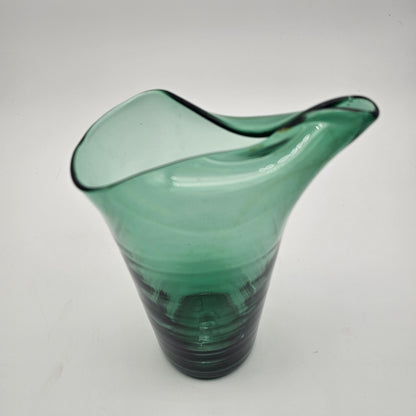 Hand blown pinched spout green glass pitcher