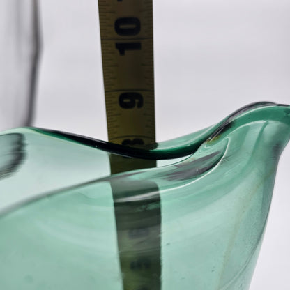 Hand blown pinched spout green glass pitcher