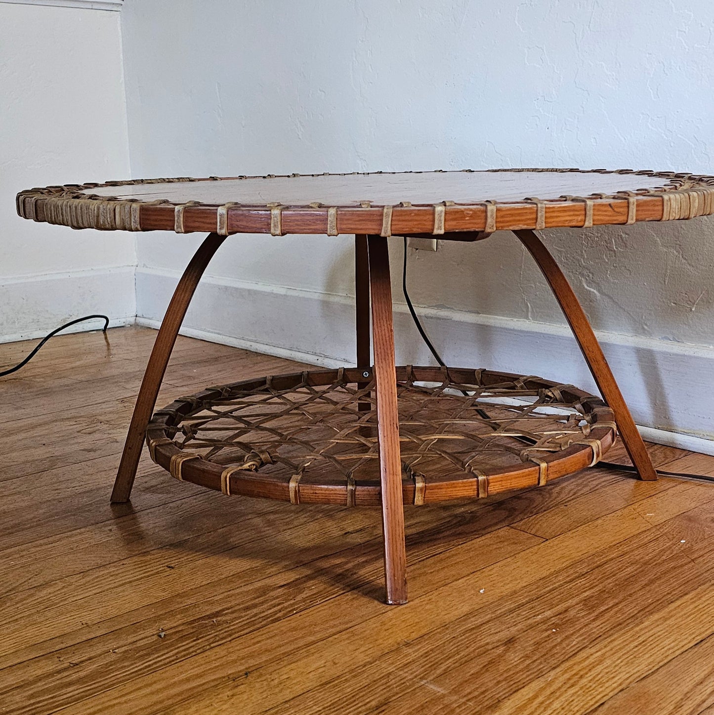 Snocraft Snowshoe Wood Rawhide Coffee Table Vintage