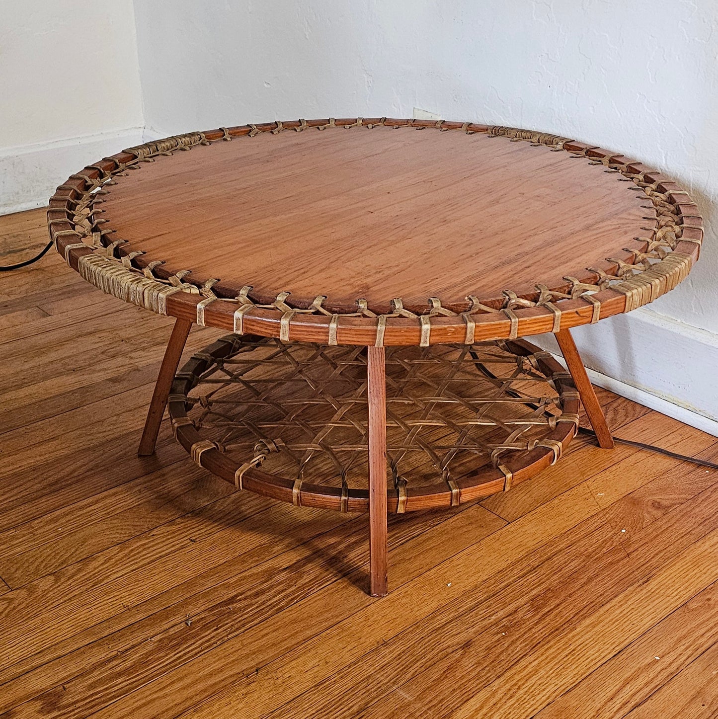 Snocraft Snowshoe Wood Rawhide Coffee Table Vintage
