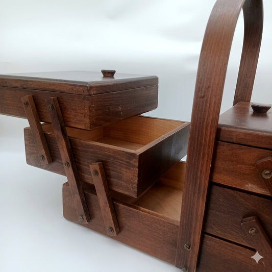 Vintage Accordian Sewing Craft Supplies Wood Storage