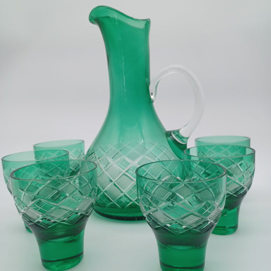 Czechoslovakian cut glass pitcher & 6 glasses