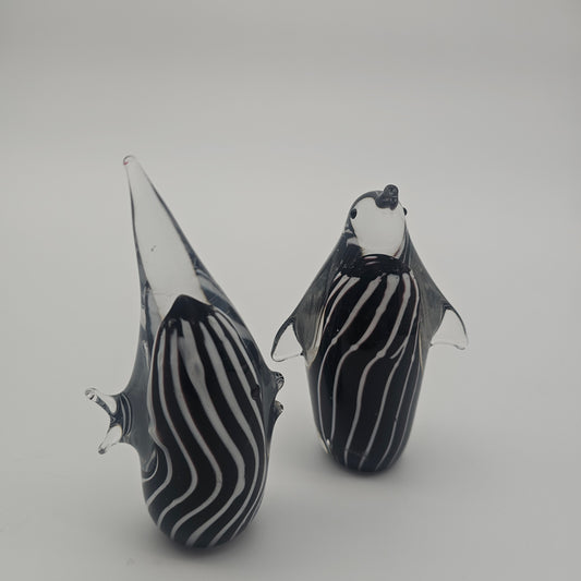 Vintage Murano style black and white penguin and fish paperweights