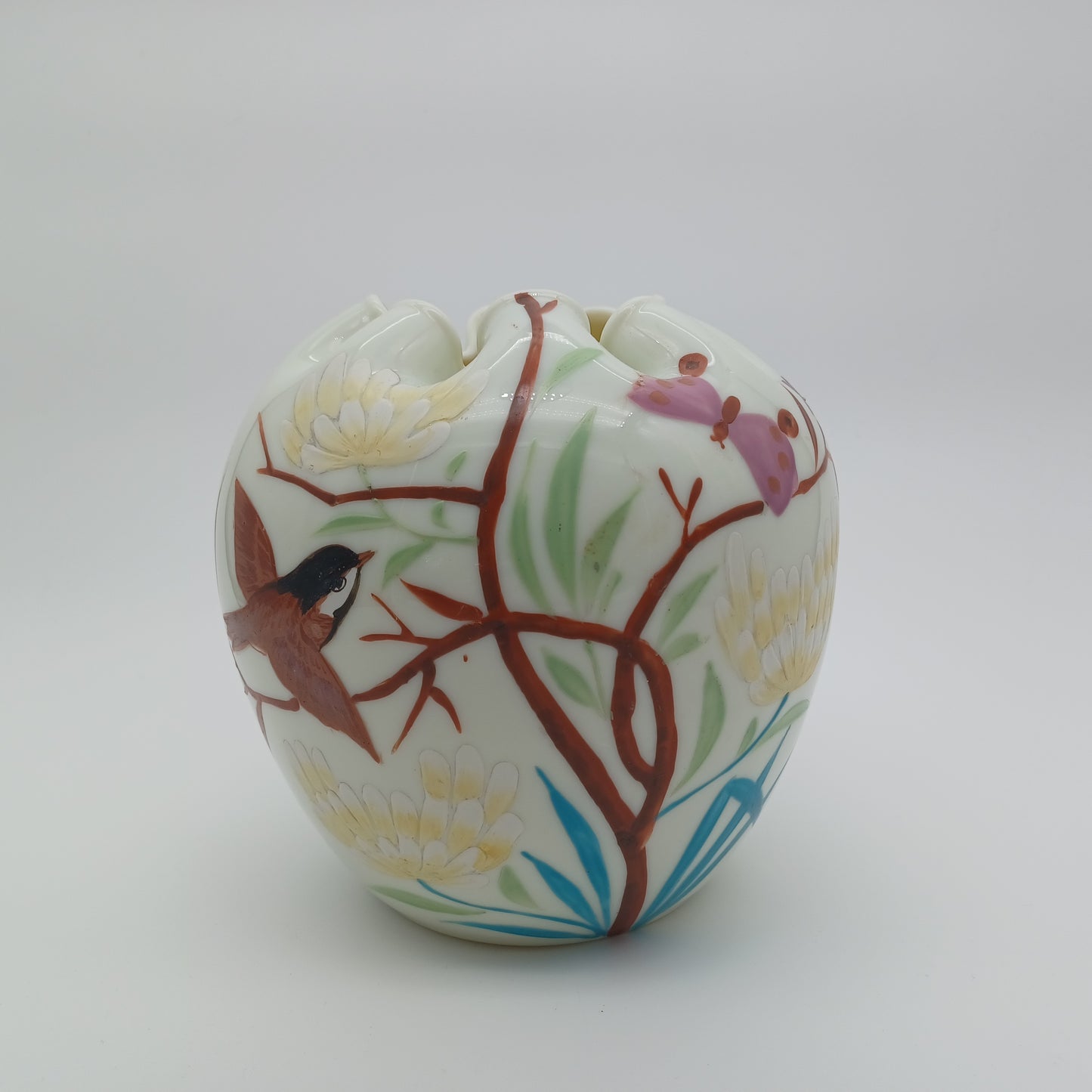 Vintage Satin Glass Hand Blown and Hand Painted Vase