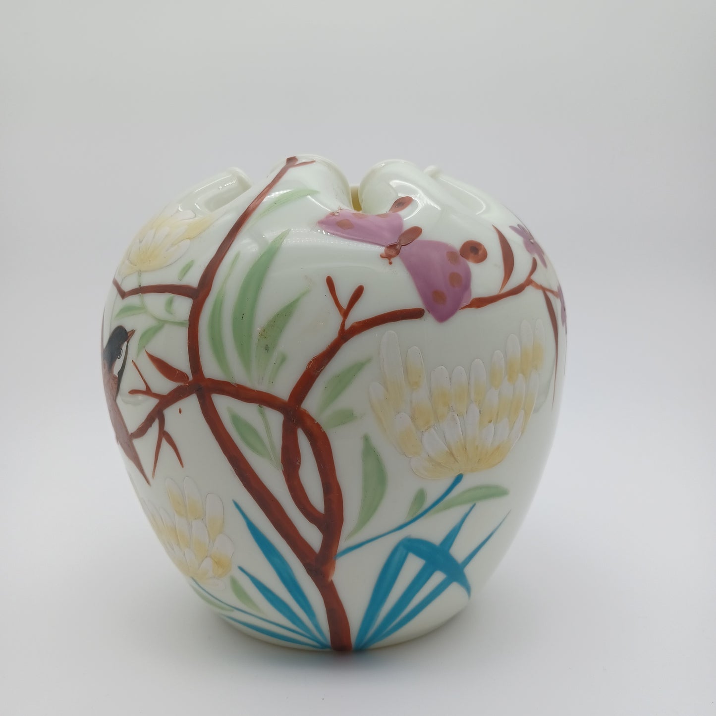 Vintage Satin Glass Hand Blown and Hand Painted Vase